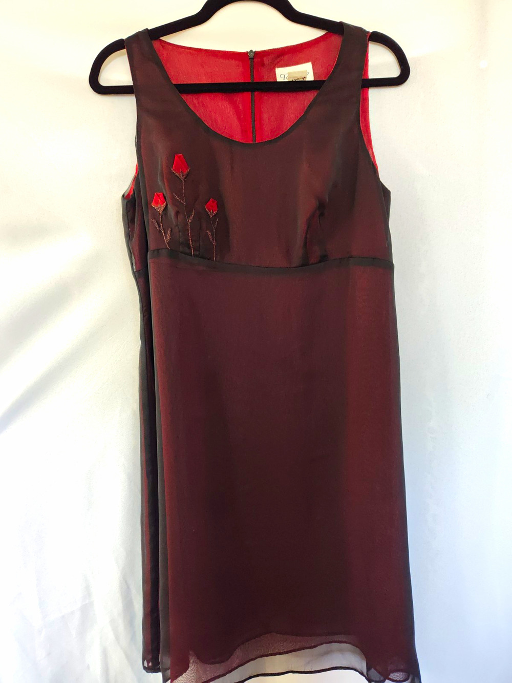 Vintage 90s Tessuto Red & Black Sheer Layered Rose Embroidered Sheath Dress